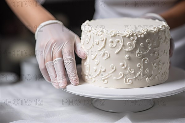 Hands of female chef in white gloves decorating wedding cream cake at confectionery pastry shop. KI generiert, generiert AI generated