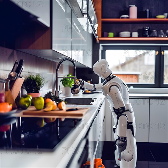 A modern robot works in a bright clean kitchen and fills water into a metal jug, AI generated, AI generated