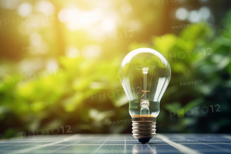 Electric light bulb on photovoltaics solar panel with green nature ...