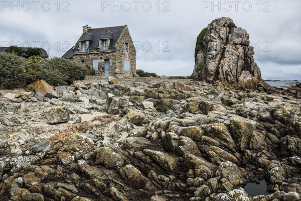 Houses and granite rocks, Plougrescant, Cote de Granit Rose, Cotes d'Armor, Brittany, France, Europe