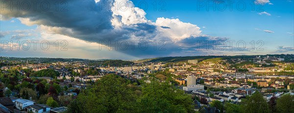 Panoramic view of a city with dramatic sky and surrounding green landscape, Wuppertal, Bergisches Land, North Rhine-Westphalia