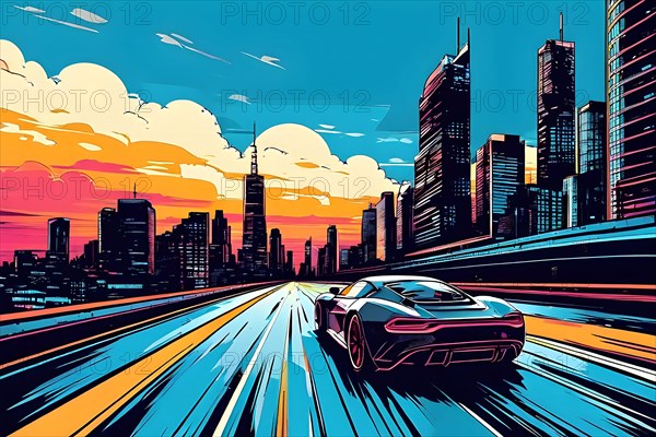 Sport cars on race track in the city with skyscrapers, neon color line art, AI generated