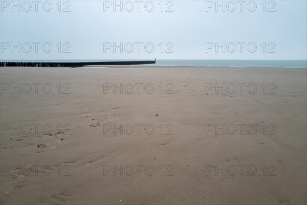 Clear, wide view of a beach with breakwaters in daylight, Westkapelle, Zeeland, Netherlands