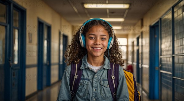 A cheerful schoolgirl listening to music on headphones in a hallway at school, wide horizontal aspect ratio, blurred background, AI generated