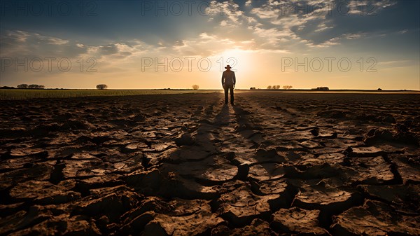 Dry cracked soil consuming a failing agricultural crop field forlorn farmer standing at the edge, AI generated