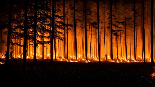 Dense forest consumed by a nocturnal wildfire flames engulfing trees casting an eerie glow, AI generated