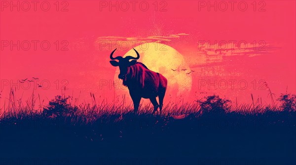 Silhouette of a wildebeest against a red sunset sky with splatter texture, ai generated, AI generated