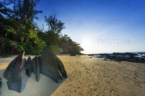 Rocky beach landscape at Silent beach in Khao lak, beach, sandy beach, panorama, beach panorama, stony, rocks, beach holiday, holiday, travel, tourism, sea, seascape, coastal landscape, landscape, rocky, stony, beach walk, backlight, ocean, beach holiday, flora, tree, palm tree, palm beach, forest, nature, lonely, empty, nobody, dream beach, beautiful, weather, climate, sunny, sun, paradise, beach paradise, Thailand, Asia