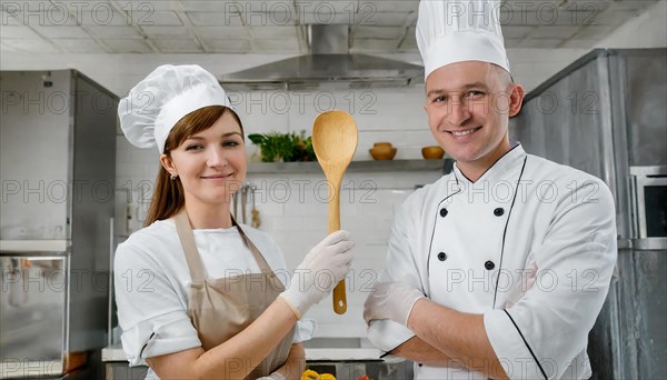 AI generated, Two attractive chefs in the kitchen of a hotel, man and woman