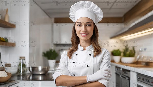 AI generated, An attractive blonde chef in the kitchen of a hotel