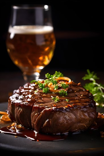 Juicy beef steak with golden brown fried onions on a glistening dark beer sauce, AI produced, AI generated