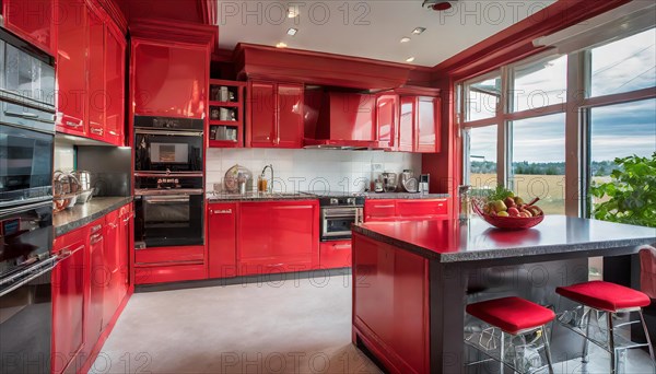 KI generated, A new red fitted kitchen has just been installed