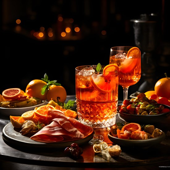 Aperol spritz condensation on glass vibrant orange hue platter of antipasti arrayed, AI generated