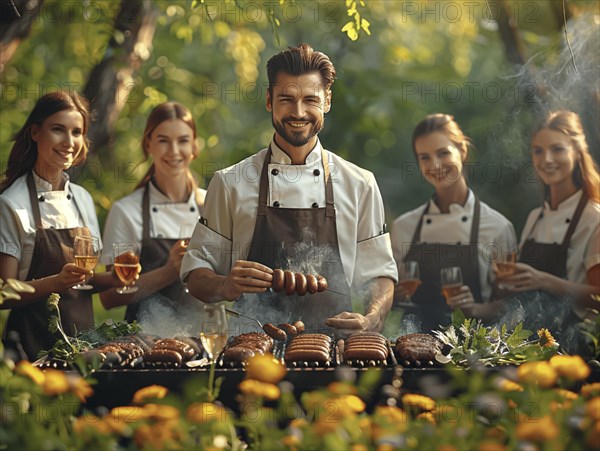 Barbecue party, guests with glasses in their hands stand around a chef who is grilling sausages and steaks, AI generated