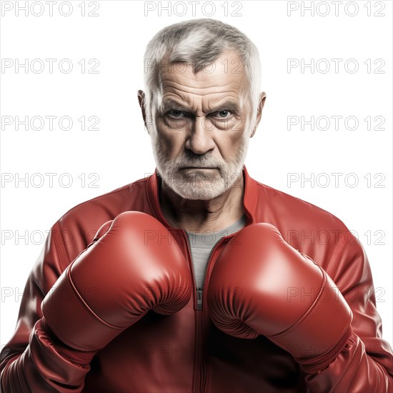 An older man with boxing gloves looks confidently and resolutely into the camera, symbolic image for self-defence at an advanced age, AI generated, AI generated, AI generated