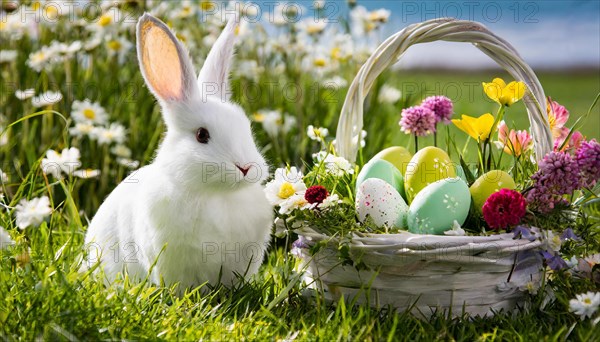 Ai generated, An Easter basket with coloured eggs in a meadow with colourful flowers, in the basket a white rabbit, symbolic picture Easter, animal children, dwarf rabbit