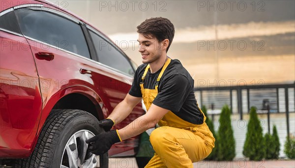 AI generated, A mechanic changes the tyres on a customer's car, tyre fitting, red car