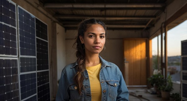 Confident woman indoors with solar panels giving a strong pose, climate change agenda concept, blurry selective focus background, bokeh, AI generated