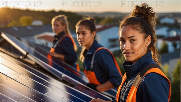 Team of solar panel technicians on a roof at dusk in a residential neighborhood, blurry selective focus background, bokeh, AI generated