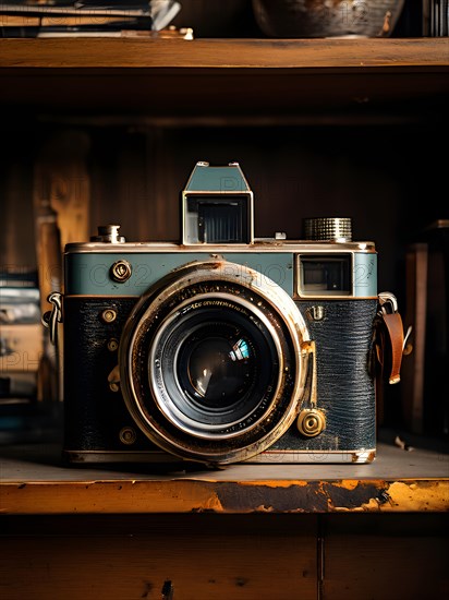 Classic vintage camera exhibiting peeling paint and textured rust, AI generated