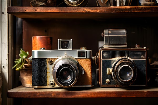 Vintage classic cameras peeling paint rust textures placed on sleek shelf, AI generated