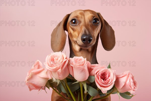 Brown Dachshund dog with romantic bouquet of pink rose flowers in front of studio background. KI generiert, generiert AI generated