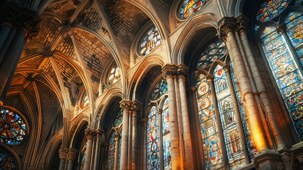 Warmly lit interior of a gothic cathedral showcasing the ribbed vaults and stained glass, ai generated, AI generated