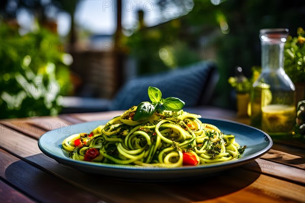 Zucchini noodles spiralized and adorned with homemade pesto sauce, AI generated