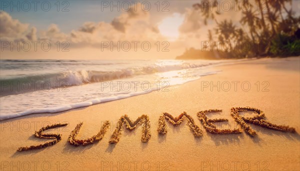 Summer word written in the sand on a tropical beach. Aestival season starts. AI generated art