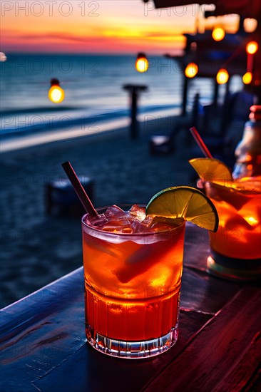 Sweet and sour margarita salt rimmed occupying on a beach bar counter, AI generated