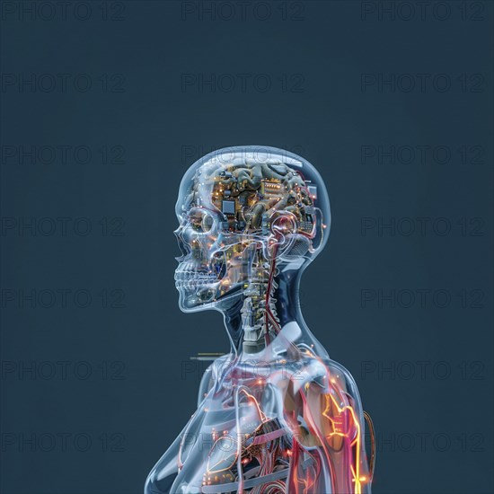 Medical a human head with brain and computer chip, symbol image KI in the human brain, ai generated, AI generated