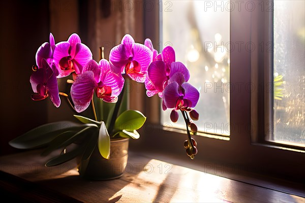 Exotic orchids arrayed in an intricate bouquet resting atop a rustic wooden table, AI generated