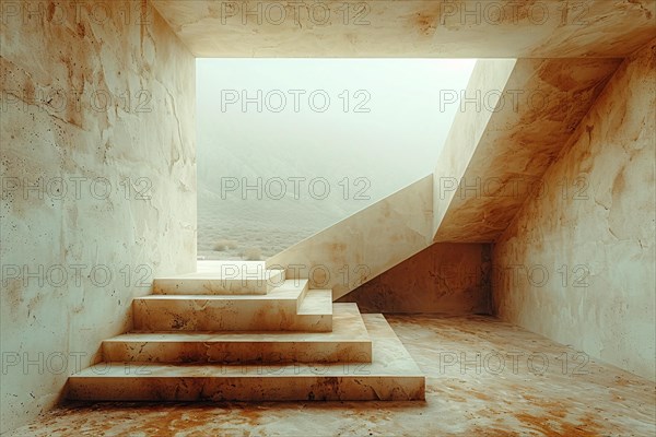 Ethereal interior of a concrete structure with a staircase, softened by light and fog, AI generated
