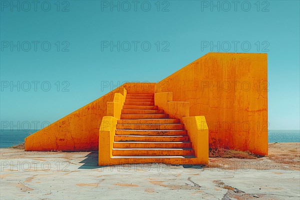 Vibrant orange minimalist architectural structure against a blue sky, AI generated