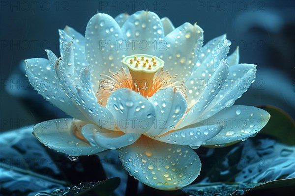 Close-up of a lotus flower with water droplets on deep aqua background, AI generated