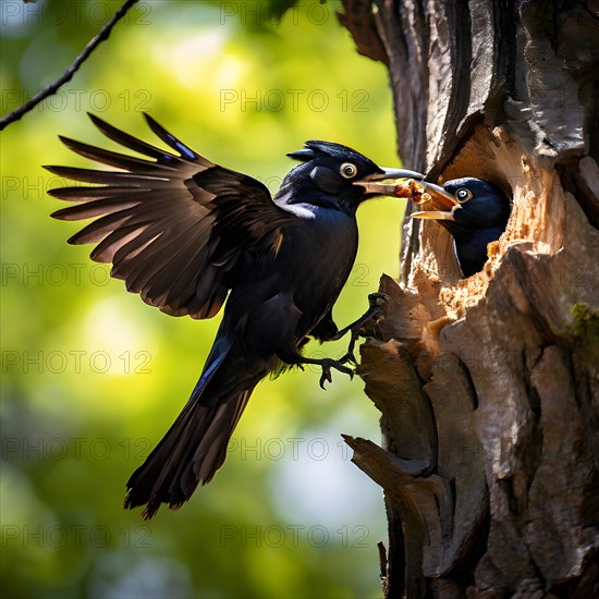 Black woodpecker in mid action pecking a birch tree, AI generated