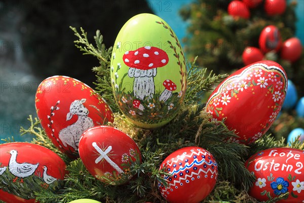 Detail of an Easter fountain in Franconian Switzerland, Bamberg district, Upper Franconia, Germany, many colourful blown-out and dyed eggs as decoration, Easter custom, Europe