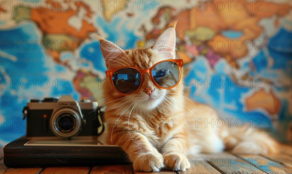 An orange cat with sunglasses rests near a camera on a map background AI generated