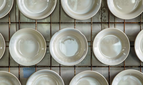 Overhead view of white ceramic dishes neatly arranged on a grey grid AI generated