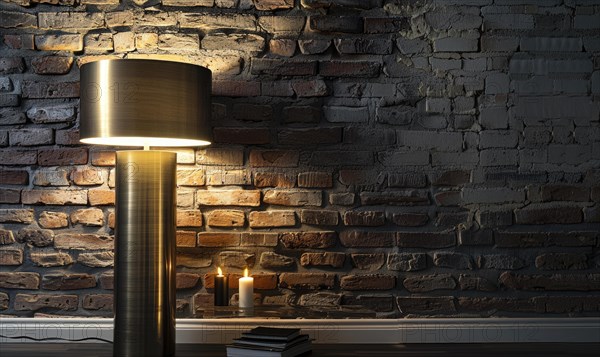 A modern lamp casts a warm glow in a cozy interior with a brick wall background and books AI generated