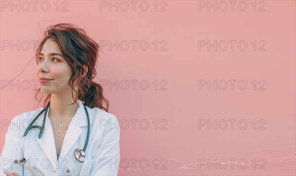 Contemplative female doctor with stethoscope looking away near a pink wall AI generated