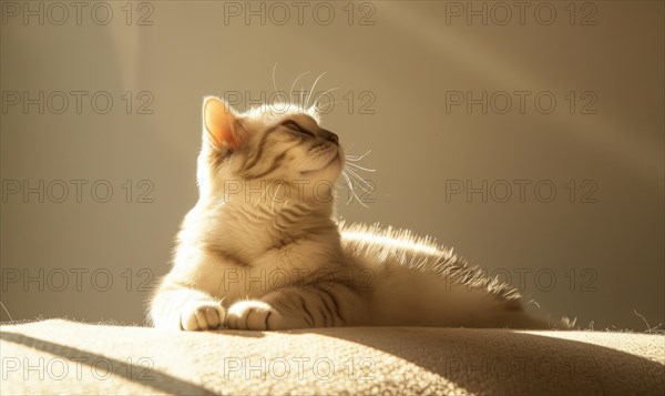 A serene cat in a relaxed posture soaking up the sunlight, casting soft shadows AI generated