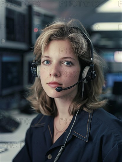 A young professional woman wearing a headset in a technology-driven control room, AI generated