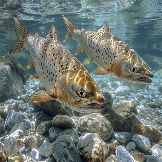 Salmon (Salmo salar) on the migration and swim up a stream in shallow, clear water, ai generiert, AI generated