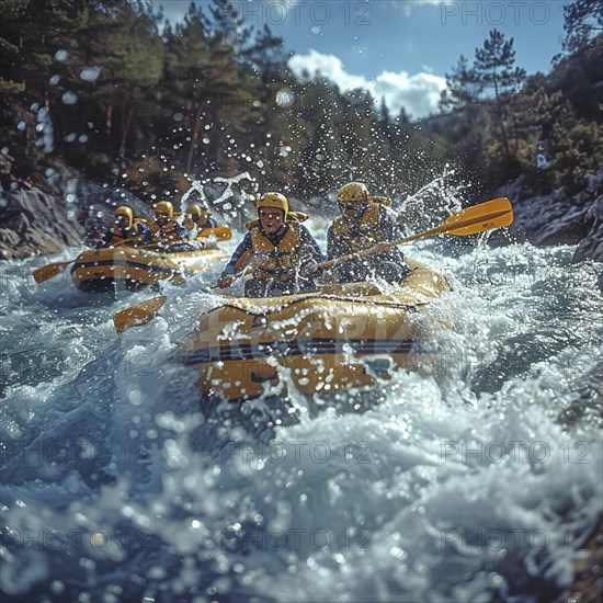 Whitewater riders ride boats through rapids, AI generated