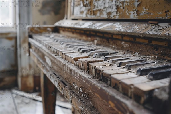 Close-up of an aged piano with weathered keys and peeling paint, AI generated