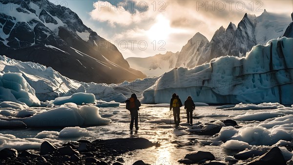 Tourists clad in vivid cold weather attire exploring the melting glaciers their expressions, AI generated
