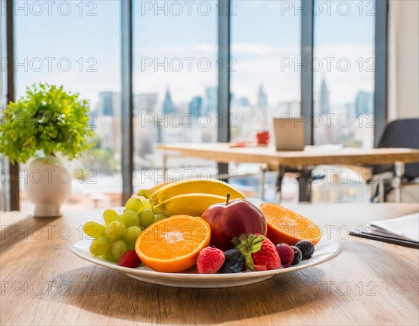 A colourful fruit plate on a wooden table with a city view through large windows, AI generated, AI generated
