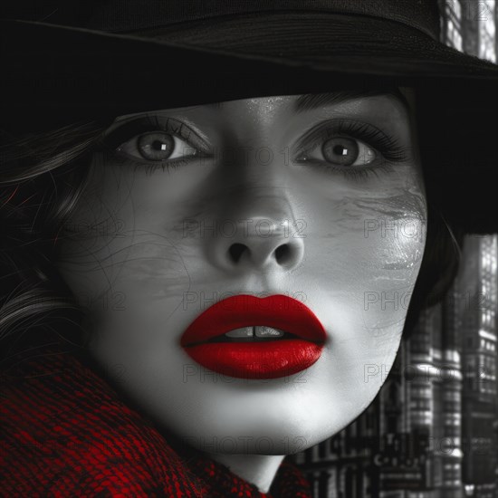 Stylish woman in black and white with red lips and scarf, urban texture in background, AI Generated, AI generated