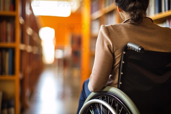 Back view of woman in wheelchair in university or college library. KI generiert, generiert AI generated